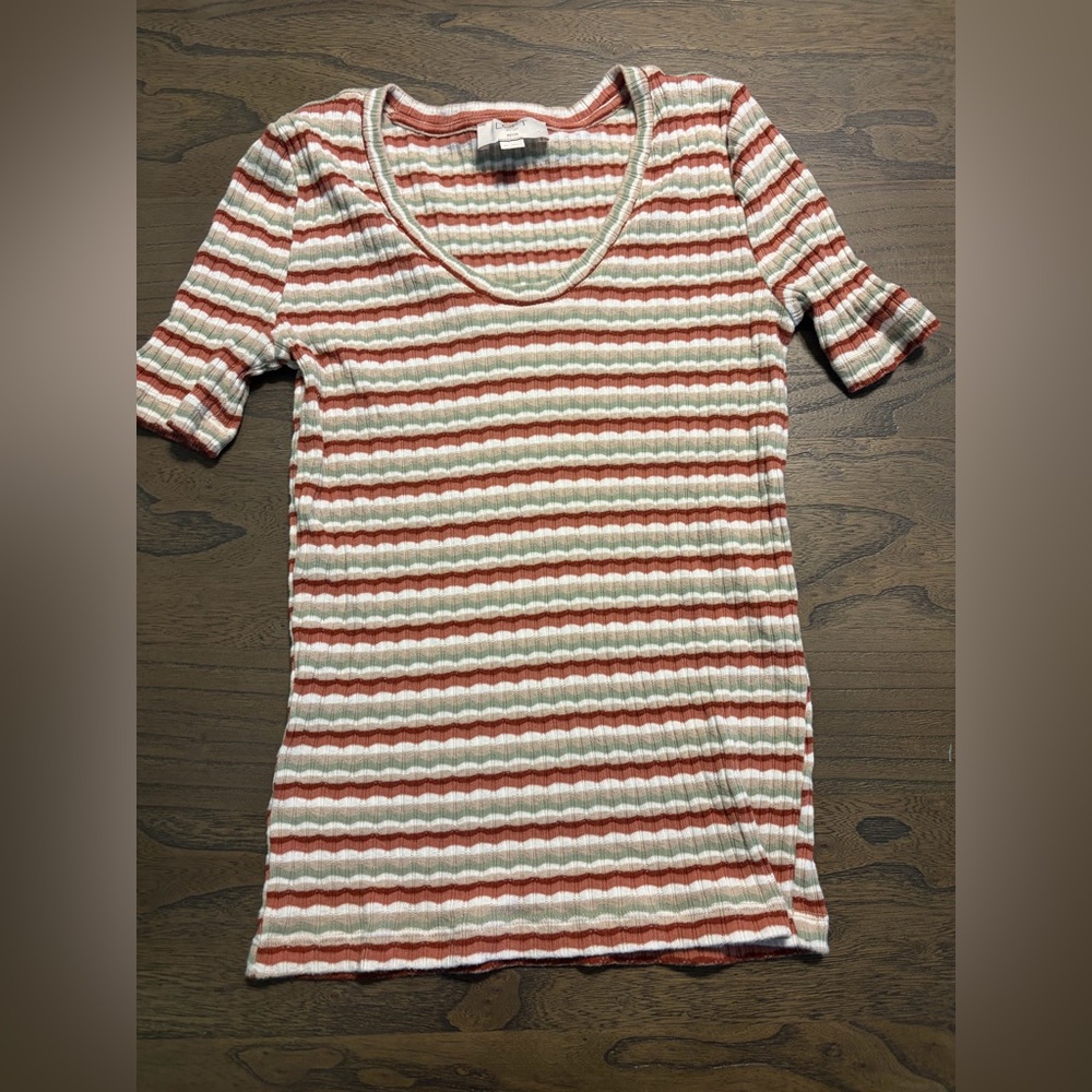 LOFT Red and White Striped Short Sleeve Top